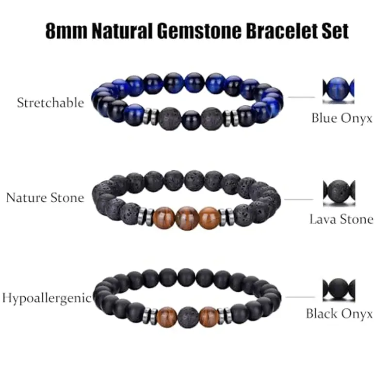 Bracciale Occhio di Tigre per Uomo 8MM Bracciale con Perline in Pietra Naturale Set Braccialetti Elasticizzati in Pietra Lavica Bracciale Regolabile con Perline di Cristallo Nero per Uomo Donna Regali miniatura 3