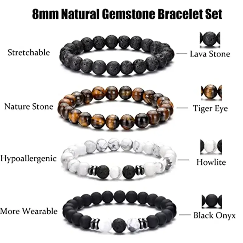 Bracciale Occhio di Tigre per Uomo 8MM Bracciale con Perline in Pietra Naturale Set Braccialetti Elasticizzati in Pietra Lavica Bracciale Regolabile con Perline di Cristallo Nero per Uomo Donna Regali miniatura 3