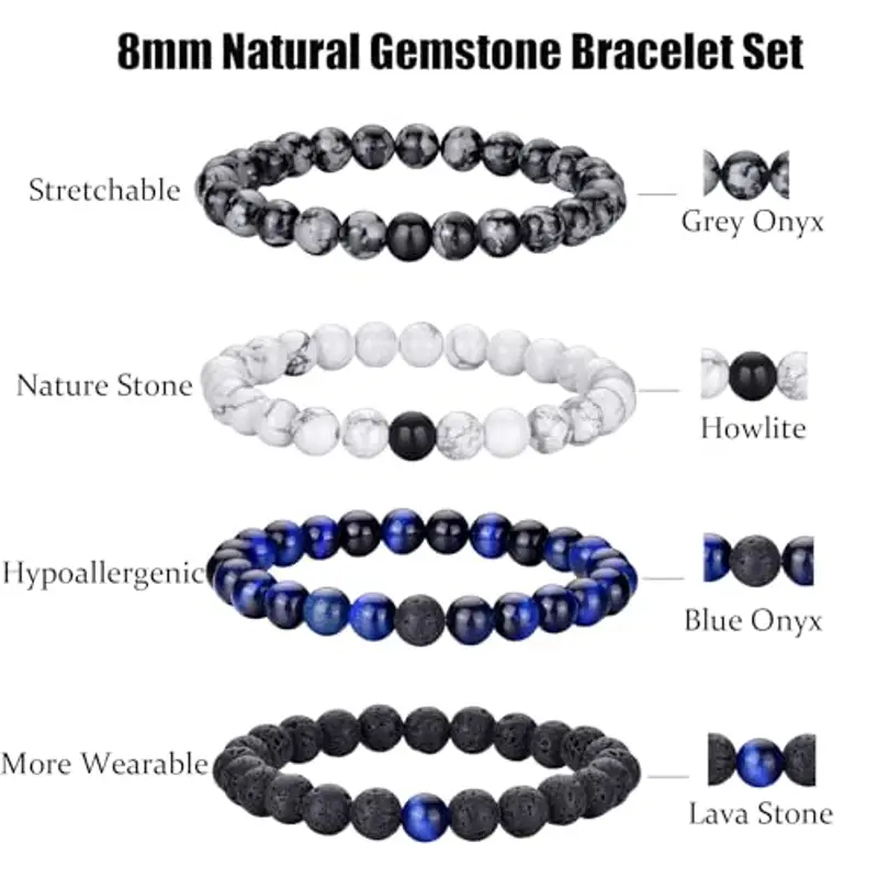 Bracciale Occhio di Tigre per Uomo 8MM Bracciale con Perline in Pietra Naturale Set Braccialetti Elasticizzati in Pietra Lavica Bracciale Regolabile con Perline di Cristallo Nero per Uomo Donna Regali miniatura 3