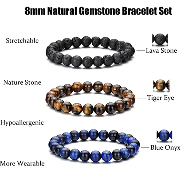 Bracciale Occhio di Tigre per Uomo 8MM Bracciale con Perline in Pietra Naturale Set Braccialetti Elasticizzati in Pietra Lavica Bracciale Regolabile con Perline di Cristallo Nero per Uomo Donna Regali miniatura 3