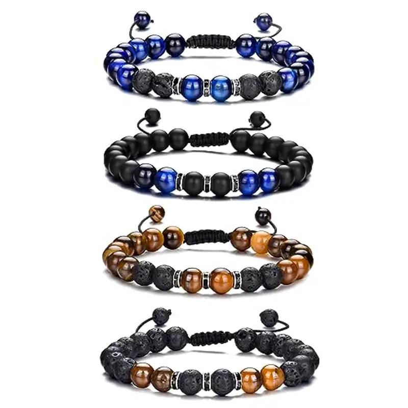 Bracciale Occhio di Tigre per Uomo 8MM Bracciale con Perline in Pietra Naturale Set Braccialetti Elasticizzati in Pietra Lavica Bracciale Regolabile con Perline di Cristallo Nero per Uomo Donna Regali