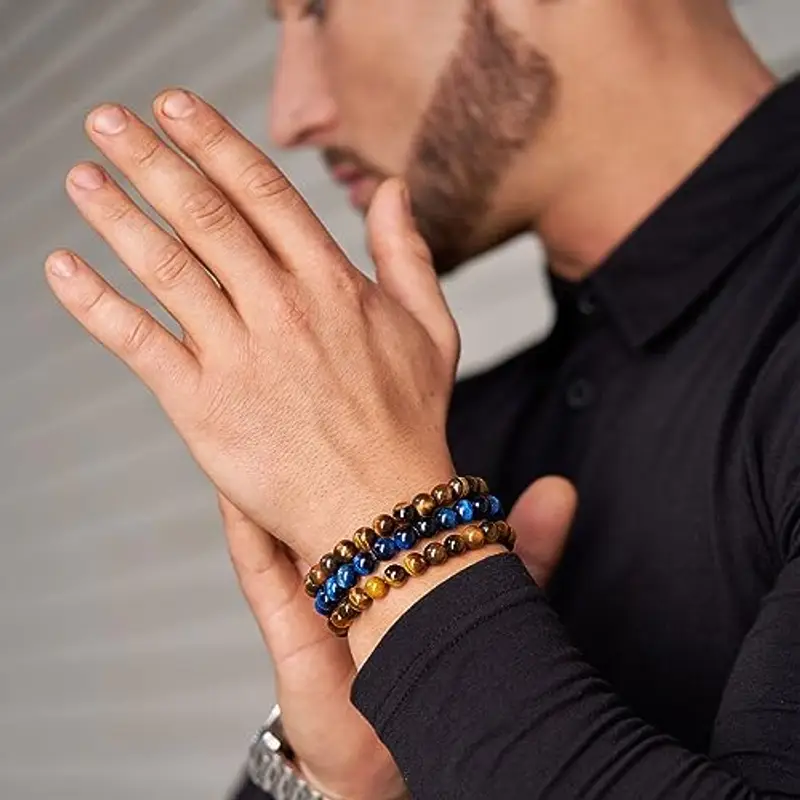 Bracciale Occhio di Tigre per Uomo 8MM Bracciale con Perline in Pietra Naturale Set Braccialetti Elasticizzati in Pietra Lavica Bracciale Regolabile con Perline di Cristallo Nero per Uomo Donna Regali miniatura 2