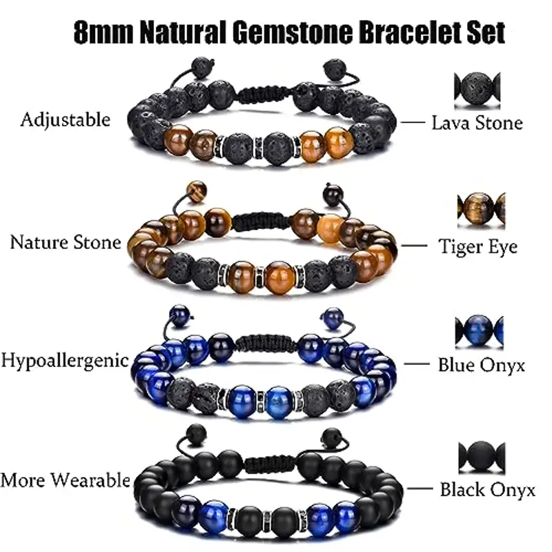 Bracciale Occhio di Tigre per Uomo 8MM Bracciale con Perline in Pietra Naturale Set Braccialetti Elasticizzati in Pietra Lavica Bracciale Regolabile con Perline di Cristallo Nero per Uomo Donna Regali miniatura 3