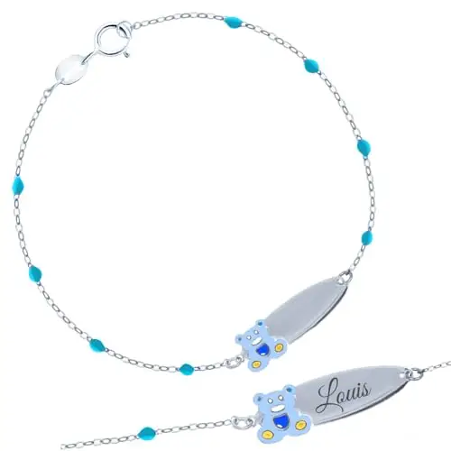 Bracciale Rosary in Argento 925 con Orsetto Teddy Smaltato e Piastrina Incidibile per Bambini Kids Collection Regalo