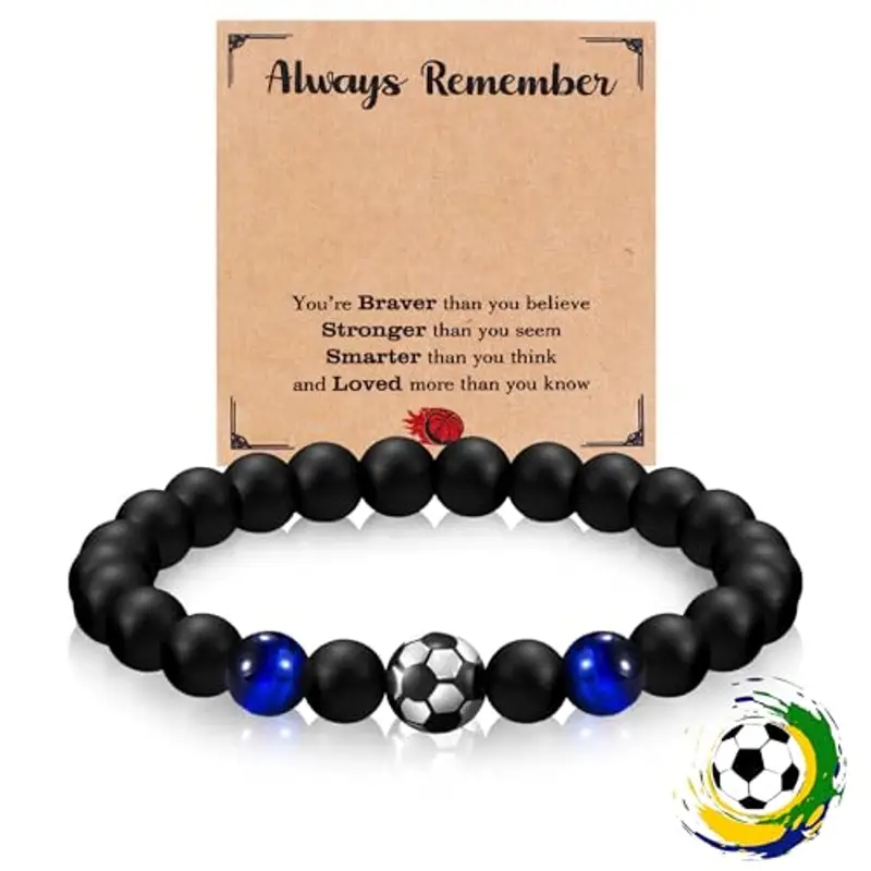 Braccialetto da calcio per ragazzi con pietra naturale 3D, per 5, 6, 7, 8, 9, 10, 11, 12 anni, per compleanno, Halloween, Natale, Pietra naturale, corda
