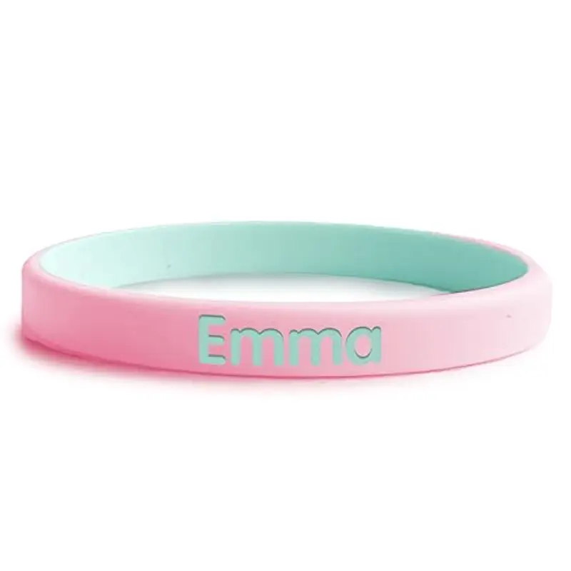 Braccialetto SOS Bicolore per bambini - Stellasticker - Con nome e numero di telefono ad alta visibilità. Ideale al mare, vacanze e gite. Resistente e impermeabile. (Rosa chiaro-Verde menta)