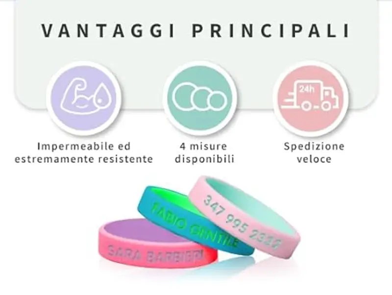 Braccialetto SOS Bicolore per bambini - Stellasticker - Con nome e numero di telefono ad alta visibilità. Ideale al mare, vacanze e gite. Resistente e impermeabile. (Rosa chiaro-Verde menta) miniatura 3