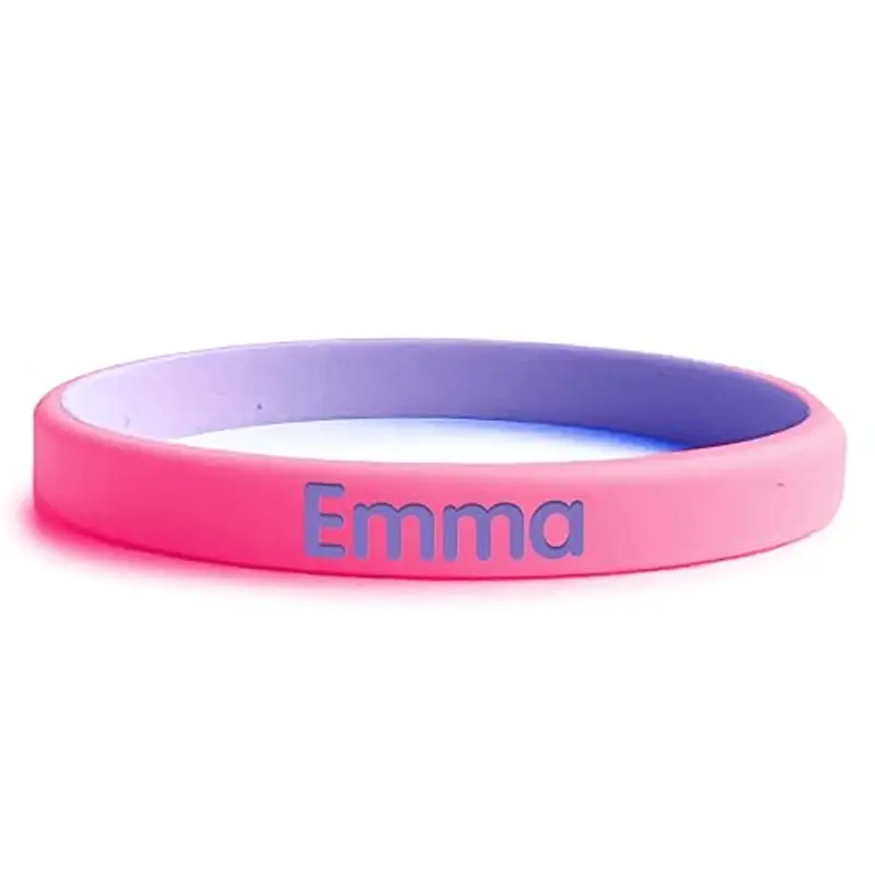 Braccialetto SOS Bicolore per bambini - Stellasticker - Con nome e numero di telefono ad alta visibilità. Ideale al mare, vacanze e gite. Resistente e impermeabile. (Rosa-Lilla)