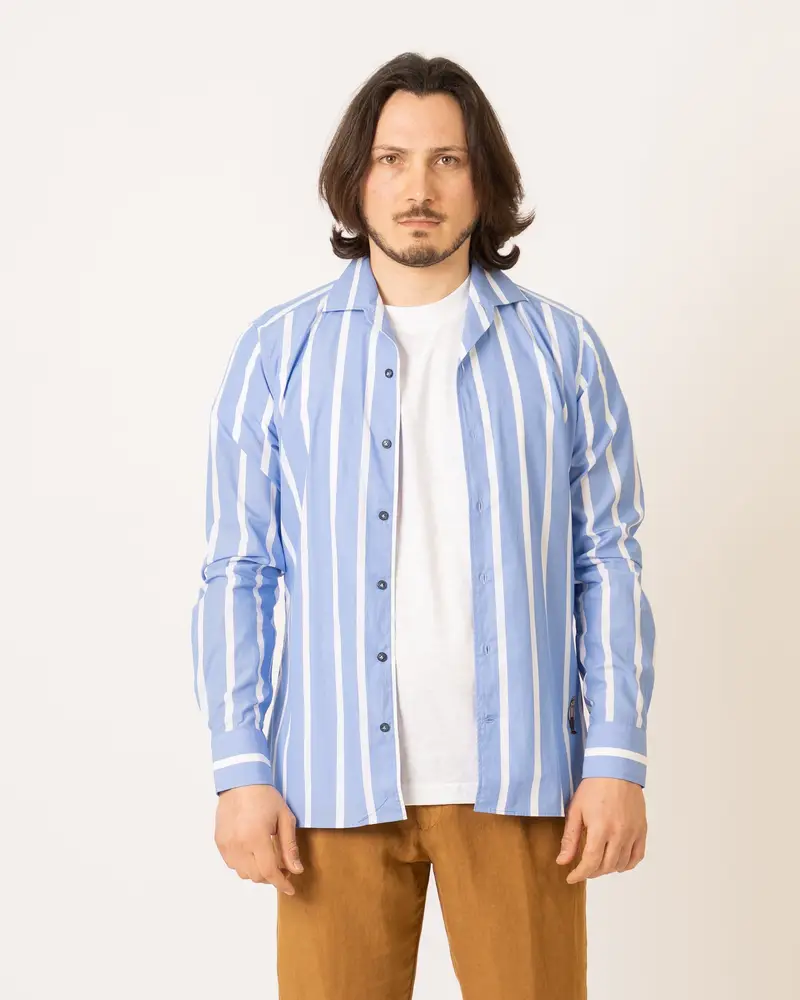 Camicia Bowling Righe Azzurra Polvere