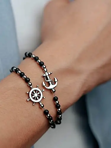 Breil, Collezione Black Onyx, Bracciale da Uomo con Elemento da Marinaio, con Sfere di Onice Nero e Acciaio Specchiato miniatura 2