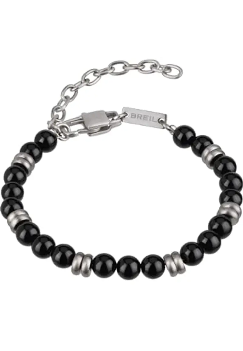Breil, Collezione Wise, Bracciale Uomo in Acciaio Satinato e Onice Nero, Accessorio Moderno ed Elegante, Lunghezza Regolabile 17-22 cm, Nero e Argento, Idee Regalo Uomo e Ragazzo