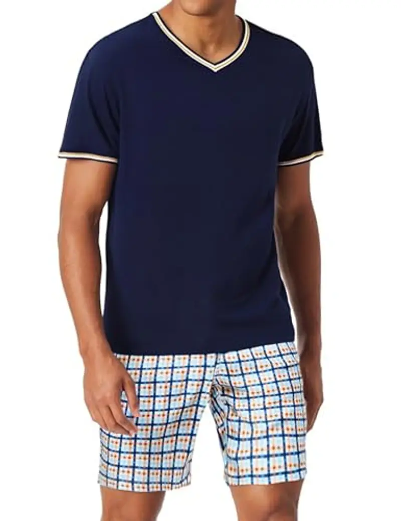BRESDK Pigiama Uomo Estivo Corto Cotone Scollo a V Tasche Blu Navy Blu Arancio L