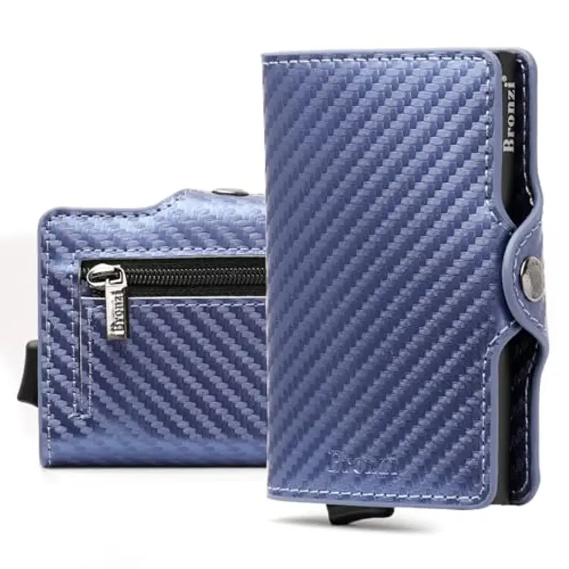Bronzi Nuovo Portafoglio Porta Carte Credito - Portafoglio Uomo Donna Slim Portacarte - Mini Porta Tessere - Protezione RFID Portatessere Carbon - Design Smart Italiano (Blu)