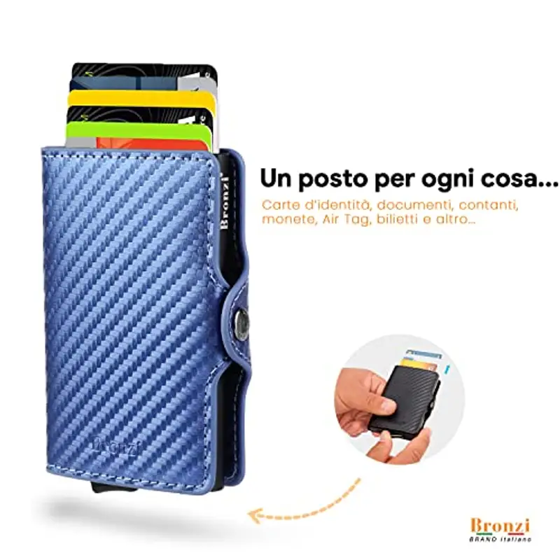 Bronzi Nuovo Portafoglio Porta Carte Credito - Portafoglio Uomo Donna Slim Portacarte - Mini Porta Tessere - Protezione RFID Portatessere Carbon - Design Smart Italiano (Blu) miniatura 2