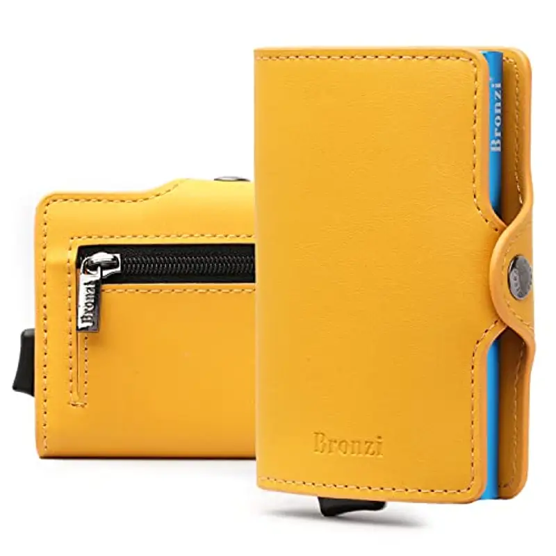 Bronzi Nuovo Portafoglio Porta Carte Credito - Portafoglio Uomo Slim Portacarte uomo - Mini Porta Tessere - Protezione RFID Portatessere Pelle - Design Smart Italiano (Giallo)
