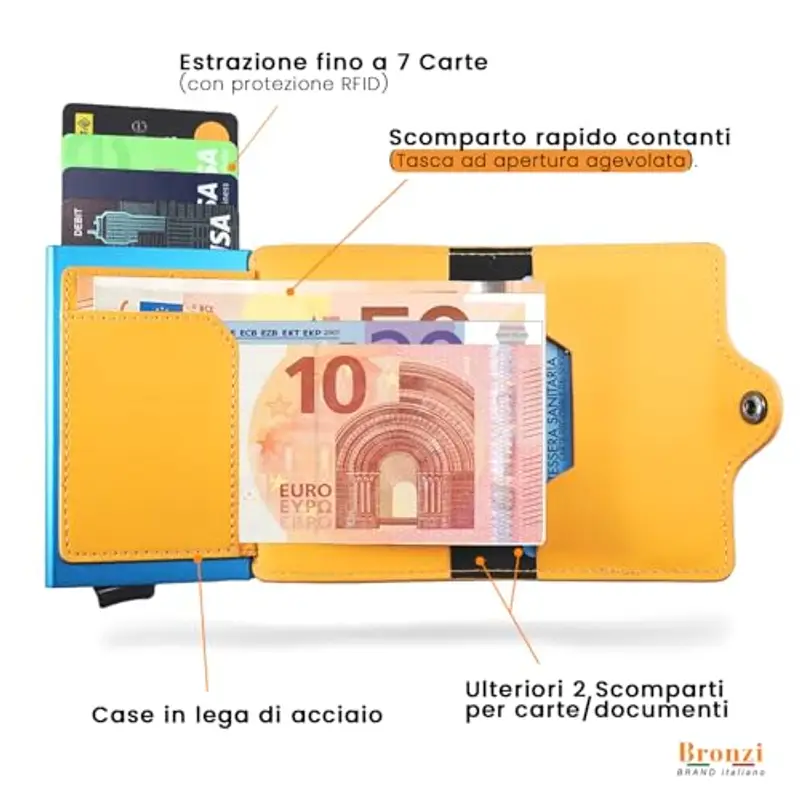 Bronzi Nuovo Portafoglio Porta Carte Credito - Portafoglio Uomo Slim Portacarte uomo - Mini Porta Tessere - Protezione RFID Portatessere Pelle - Design Smart Italiano (Giallo) miniatura 3