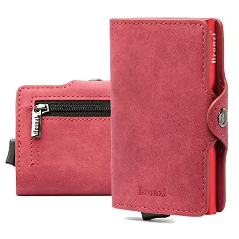 Bronzi Nuovo Portafoglio Porta Carte Credito - Portafoglio Uomo Slim Portacarte uomo - Mini Porta Tessere - Protezione RFID Portatessere Pelle (Rosso)