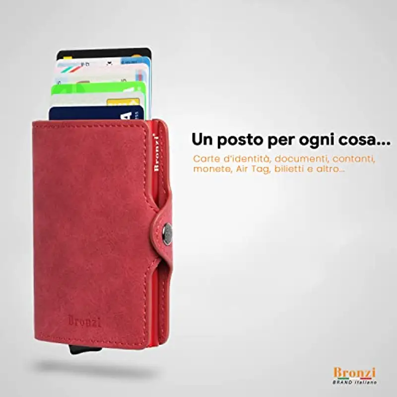 Bronzi Nuovo Portafoglio Porta Carte Credito - Portafoglio Uomo Slim Portacarte uomo - Mini Porta Tessere - Protezione RFID Portatessere Pelle (Rosso) miniatura 2