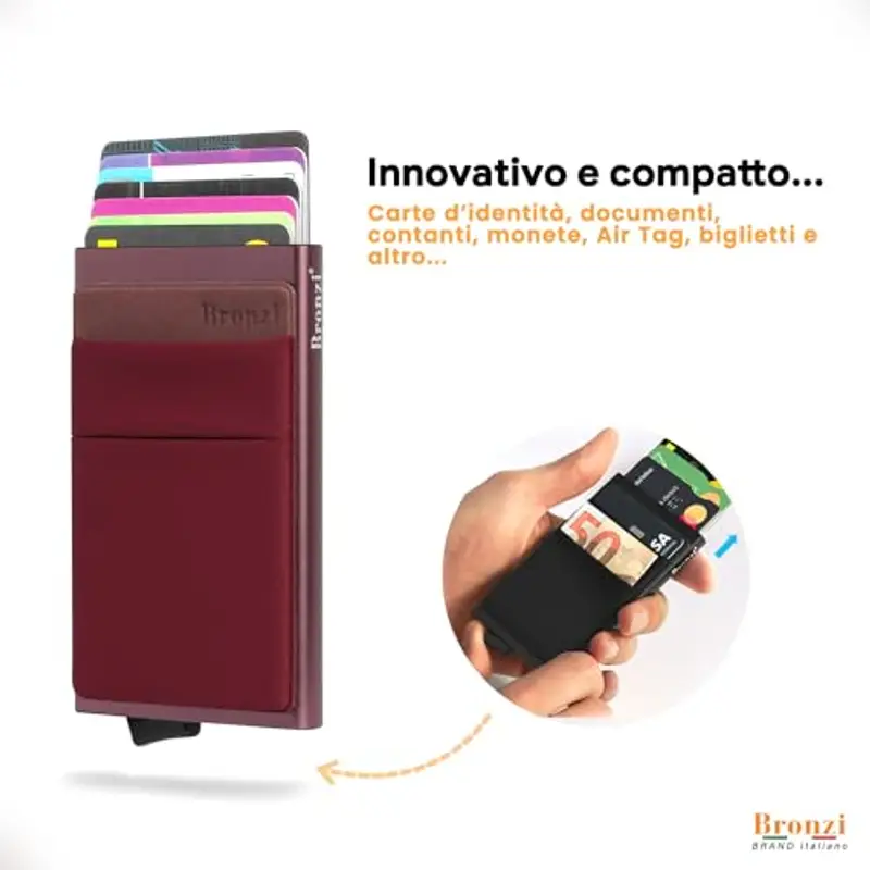 Bronzi® Portafoglio Porta badge Uomo Donna Slim Porta Carte Credito - Protezione RFID - Mini Portatessere tascabile smart (Rosso Vino) miniatura 2