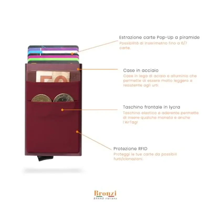 Bronzi® Portafoglio Porta badge Uomo Donna Slim Porta Carte Credito - Protezione RFID - Mini Portatessere tascabile smart (Rosso Vino) miniatura 3