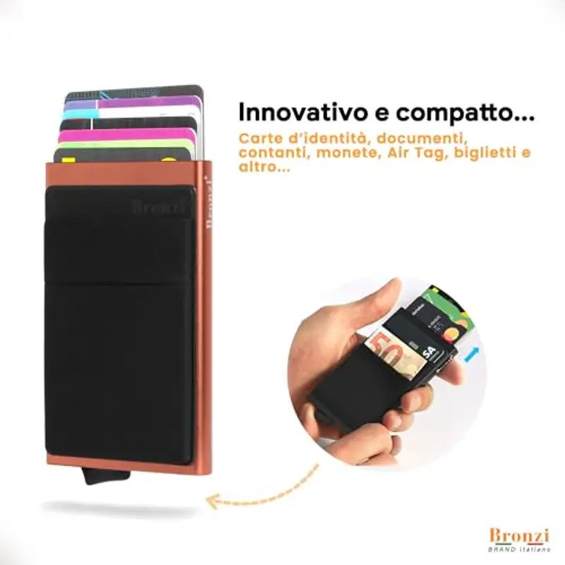 Bronzi® Portafoglio Porta badge Uomo Donna Slim Porta Carte Credito - Protezione RFID - Mini Portatessere tascabile smart schermato (Arancione-Nero) miniatura 2