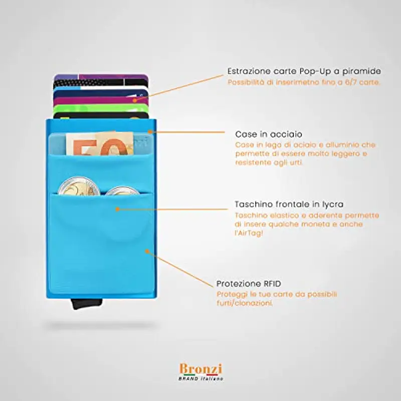 Bronzi Portafoglio Porta badge Uomo Slim - Protezione RFID Porta Carte Credito - Portacarte Mini Portatessere tascabile smart schermato (Blu) miniatura 3