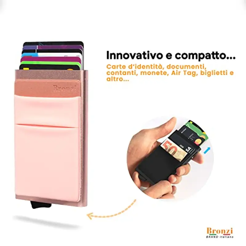Bronzi Portafoglio Porta badge Uomo Slim - Protezione RFID Porta Carte Credito - Portacarte Mini Portatessere tascabile smart schermato (Oro Rosa) miniatura 2