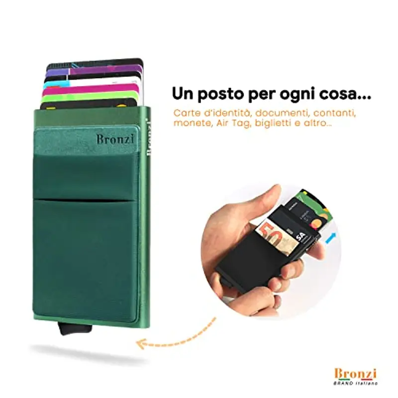 Bronzi Portafoglio Porta badge Uomo Slim - Protezione RFID Porta Carte Credito - Portacarte Mini Portatessere tascabile smart schermato (Verde Oliva) miniatura 2