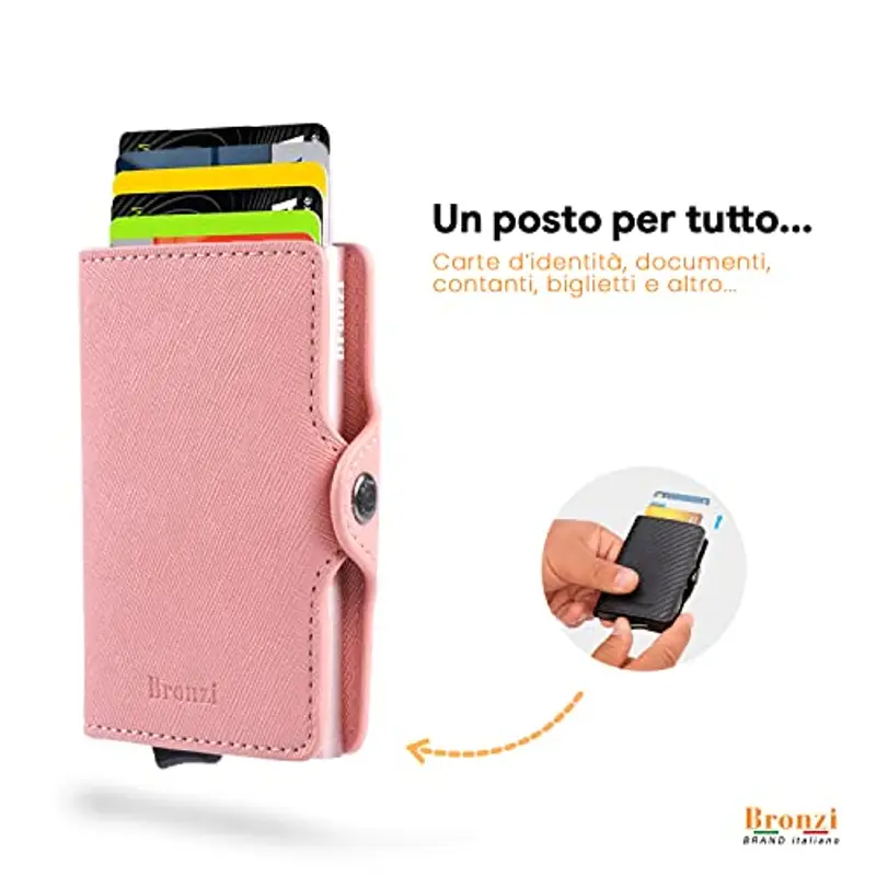 Bronzi Portafoglio Porta Carte Credito - Portafoglio Donna Slim Portacarte Donna - Mini Porta Tessere - Protezione RFID - Design Smart Saffiano Rosa miniatura 2