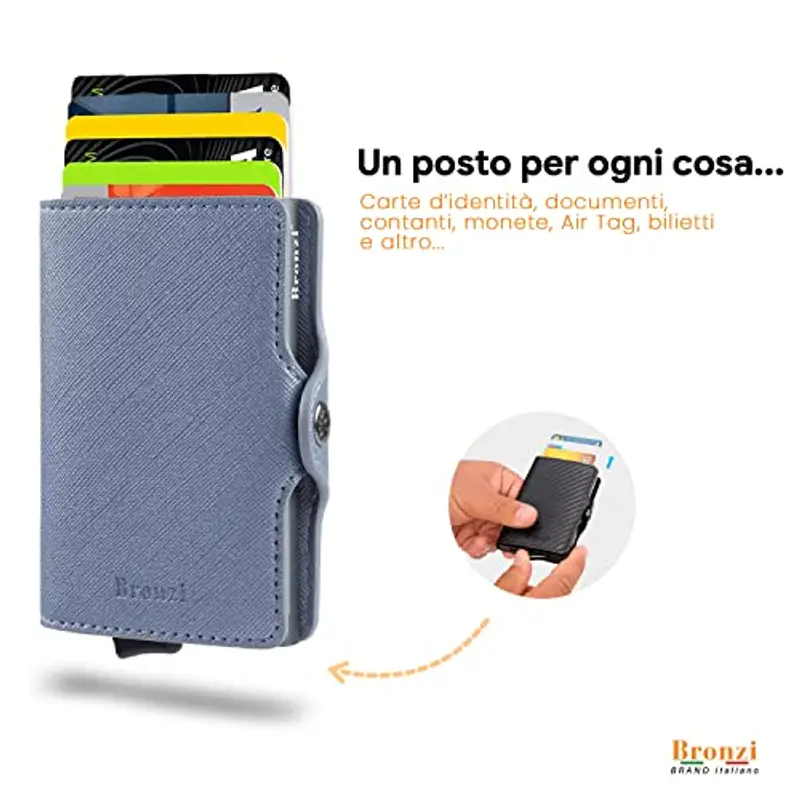Bronzi Portafoglio Porta Carte Credito - Portafoglio Uomo Donna Slim Portacarte - Mini Porta Tessere - Protezione RFID - Design Smart Italiano Saffiano Grigio miniatura 2