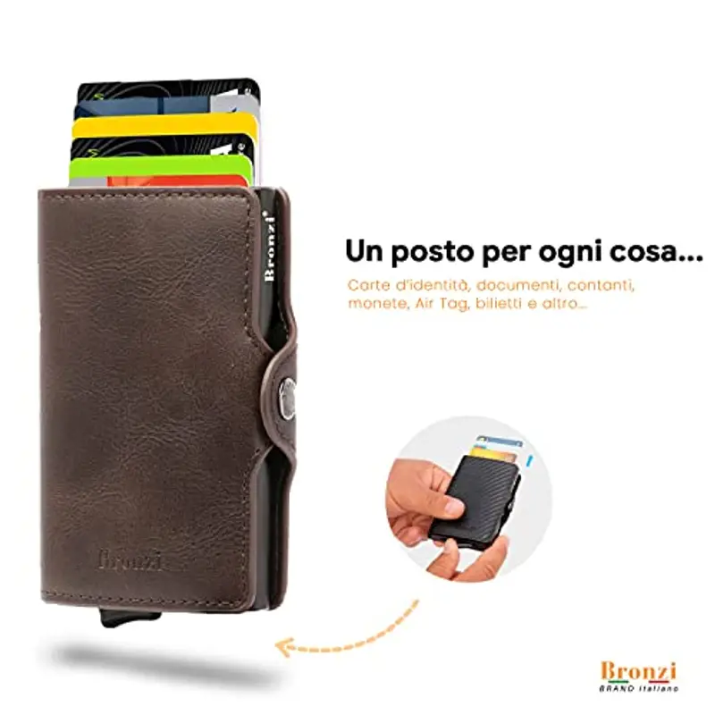 Bronzi Portafoglio Porta Carte Credito - Portafoglio Uomo Donna Slim Portacarte uomo - Mini Porta Tessere - Protezione RFID - Design Smart Italiano Scatola Regalo inculsa (Pelle, Marrone) miniatura 2