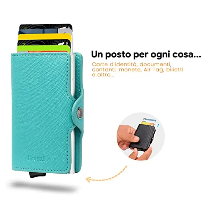 Bronzi Portafoglio Porta Carte Credito - Portafoglio Uomo Slim Portacarte uomo - Mini Porta Tessere - Protezione RFID - Design Smart Italiano Saffiano Verde Acqua miniatura 2