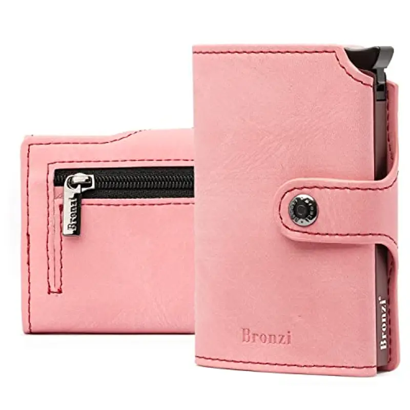 Bronzi Portafoglio Portafoglio Donna/uomo Slim - In Pelle Marrone - Porta Carte Credito - Portacarte uomo - Mini Porta Tessere (Rosa)
