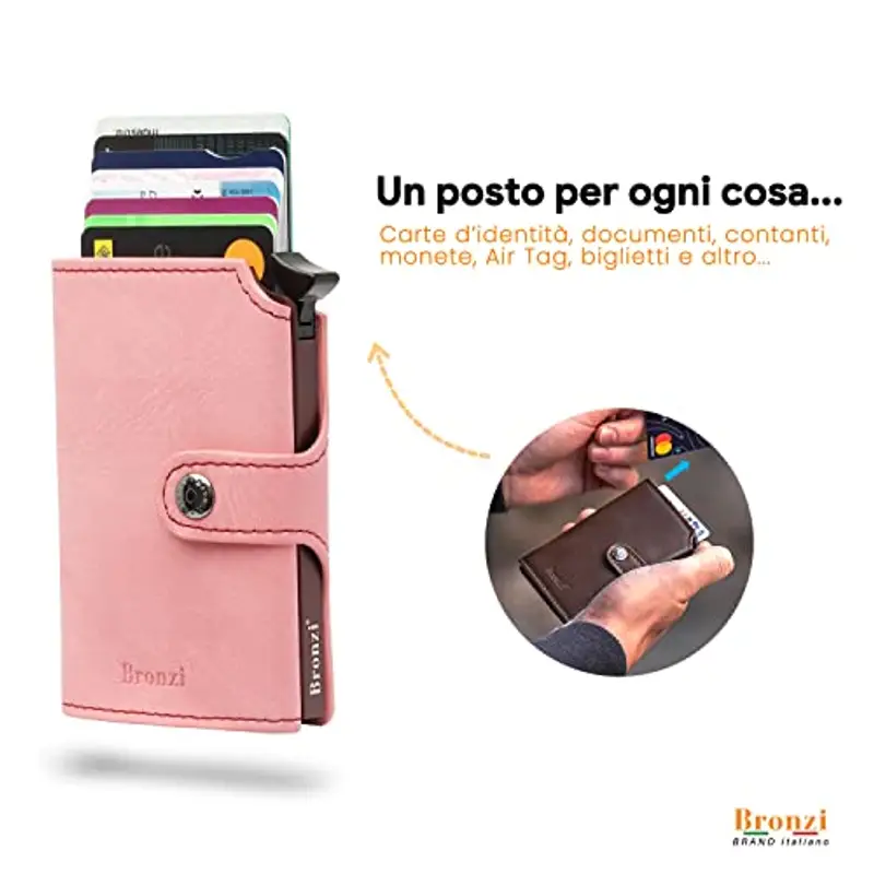 Bronzi Portafoglio Portafoglio Donna/uomo Slim - In Pelle Marrone - Porta Carte Credito - Portacarte uomo - Mini Porta Tessere (Rosa) miniatura 2