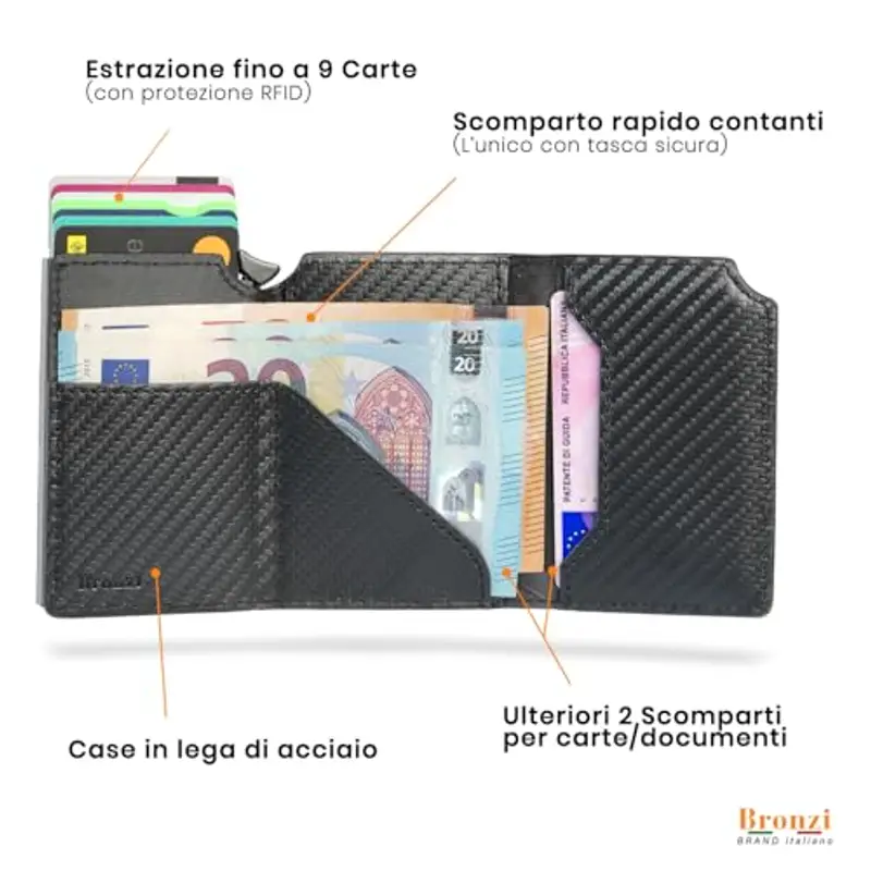 Bronzi Portafoglio Portafoglio Uomo Slim - In Pelle Marrone - Porta Carte Credito - Portacarte uomo - Mini Porta Tessere (???????? ??????.) miniatura 3