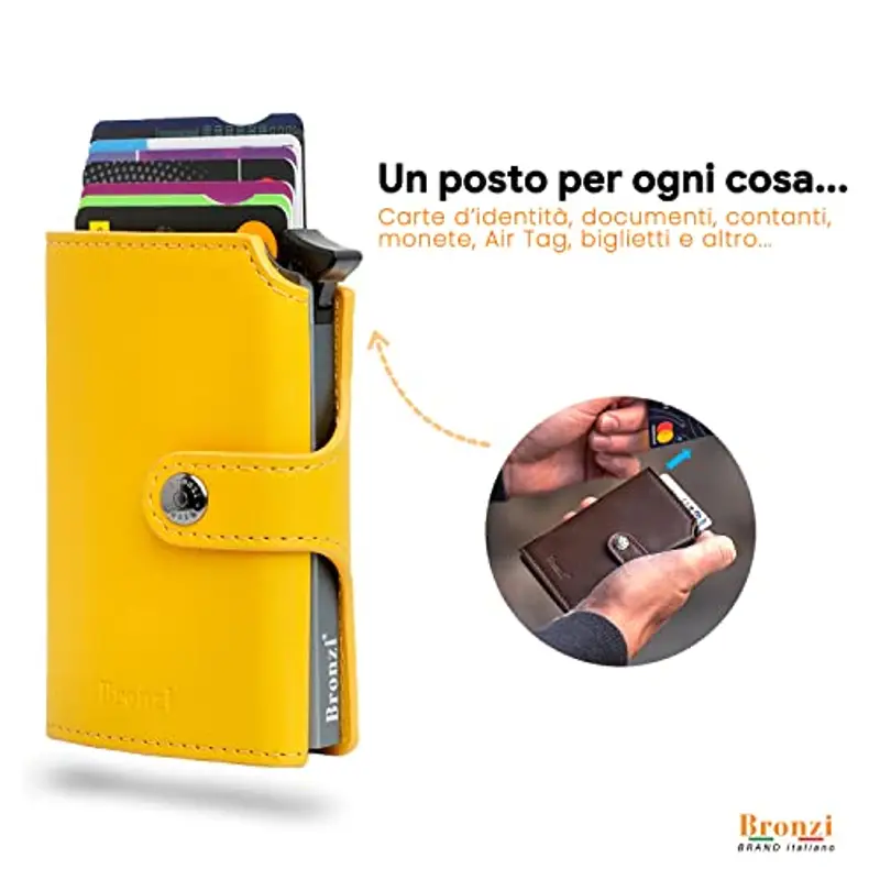 Bronzi Portafoglio Portafoglio Uomo Slim - In Pelle Marrone - Porta Carte Credito - Portacarte uomo - Mini Porta Tessere (Giallo) miniatura 2