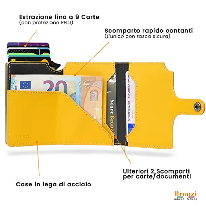 Bronzi Portafoglio Portafoglio Uomo Slim - In Pelle Marrone - Porta Carte Credito - Portacarte uomo - Mini Porta Tessere (Giallo) miniatura 3