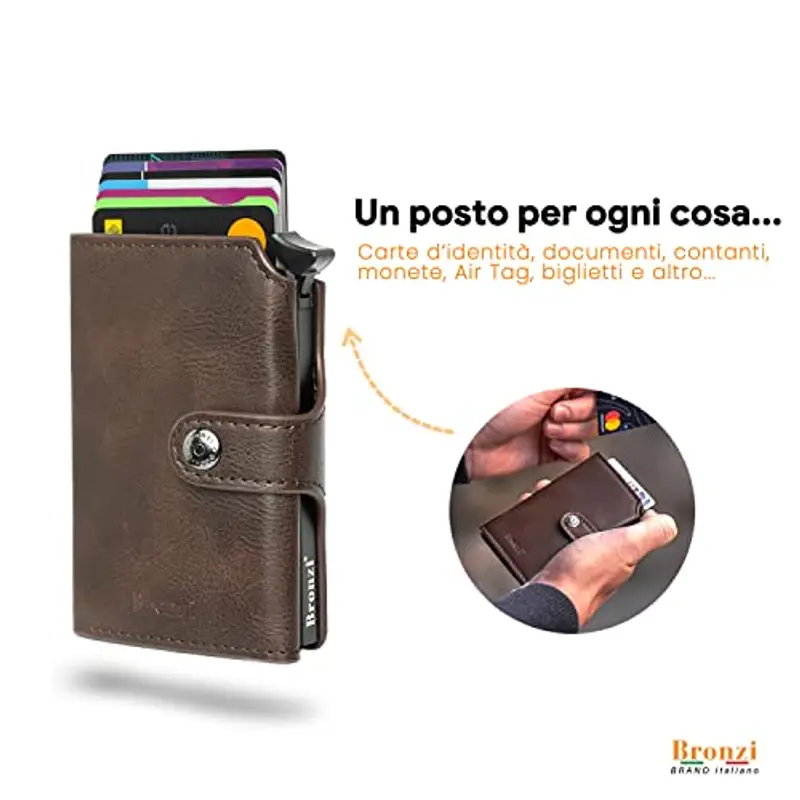 Bronzi Portafoglio Portafoglio Uomo Slim - In Pelle Marrone - Porta Carte Credito - Portacarte uomo - Mini Porta Tessere (Marrone) miniatura 2