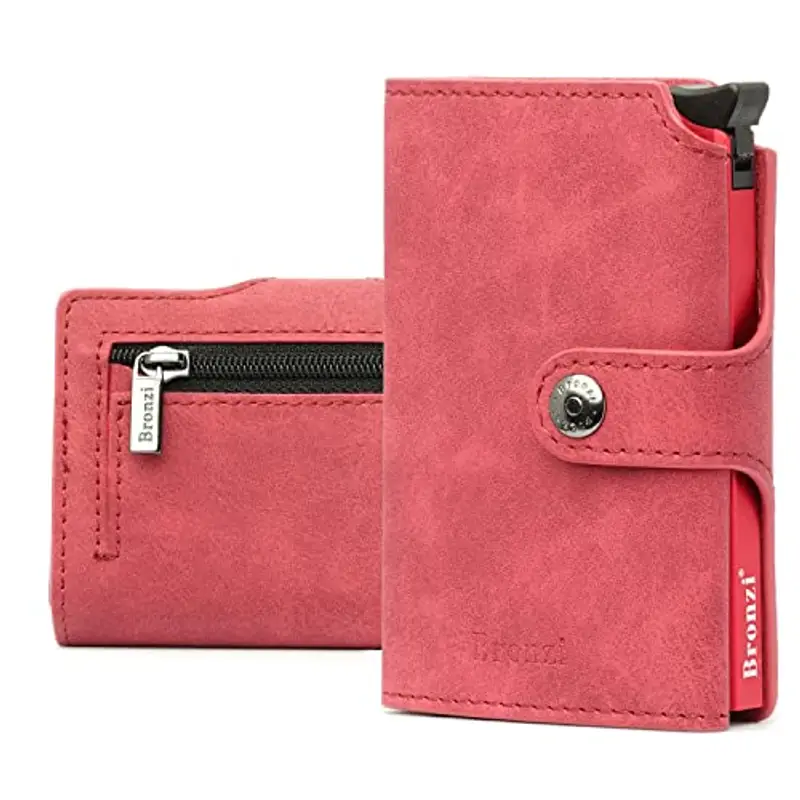 Bronzi Portafoglio Portafoglio Uomo Slim - In Pelle Marrone - Porta Carte Credito - Portacarte uomo - Mini Porta Tessere (Rosso)