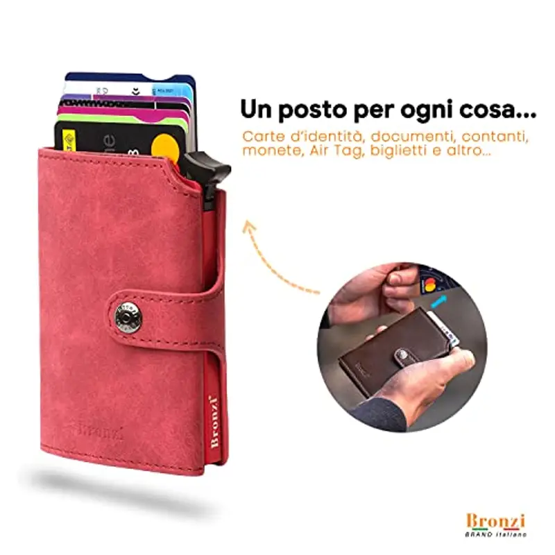 Bronzi Portafoglio Portafoglio Uomo Slim - In Pelle Marrone - Porta Carte Credito - Portacarte uomo - Mini Porta Tessere (Rosso) miniatura 2