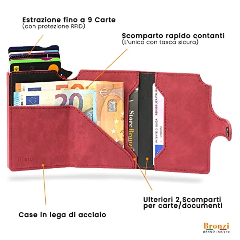 Bronzi Portafoglio Portafoglio Uomo Slim - In Pelle Marrone - Porta Carte Credito - Portacarte uomo - Mini Porta Tessere (Rosso) miniatura 3