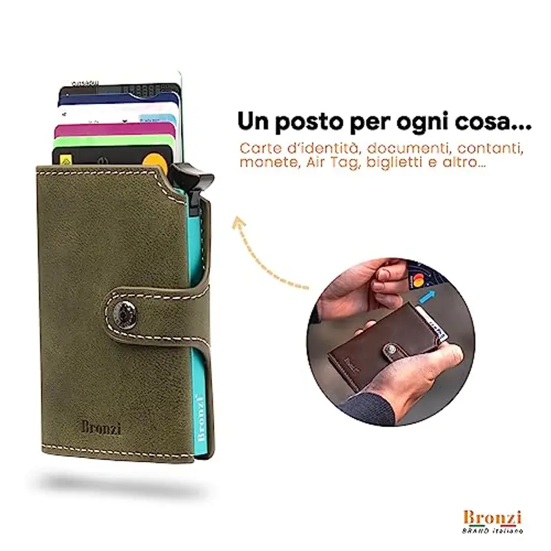 Bronzi Portafoglio Portafoglio Uomo Slim - In Pelle Marrone - Porta Carte Credito - Portacarte uomo - Mini Porta Tessere (Verde Oliva Vellutato) miniatura 2