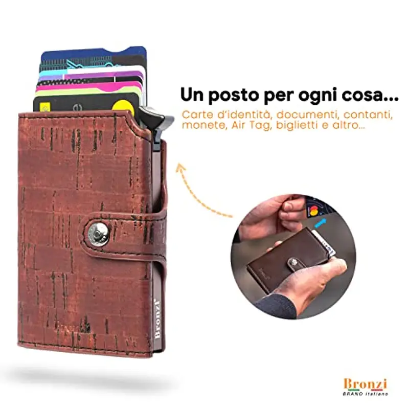 Bronzi Portafoglio Portafoglio Uomo Slim - In Pelle Marrone - Porta Carte Credito - Portacarte uomo - Mini Porta Tessere (vero Sughero) miniatura 2