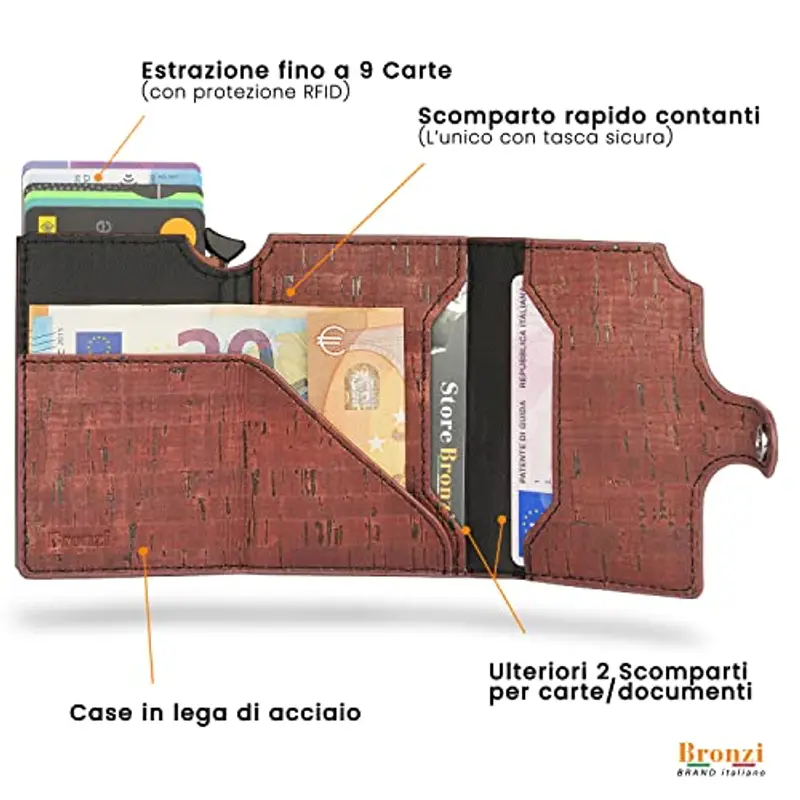 Bronzi Portafoglio Portafoglio Uomo Slim - In Pelle Marrone - Porta Carte Credito - Portacarte uomo - Mini Porta Tessere (vero Sughero) miniatura 3
