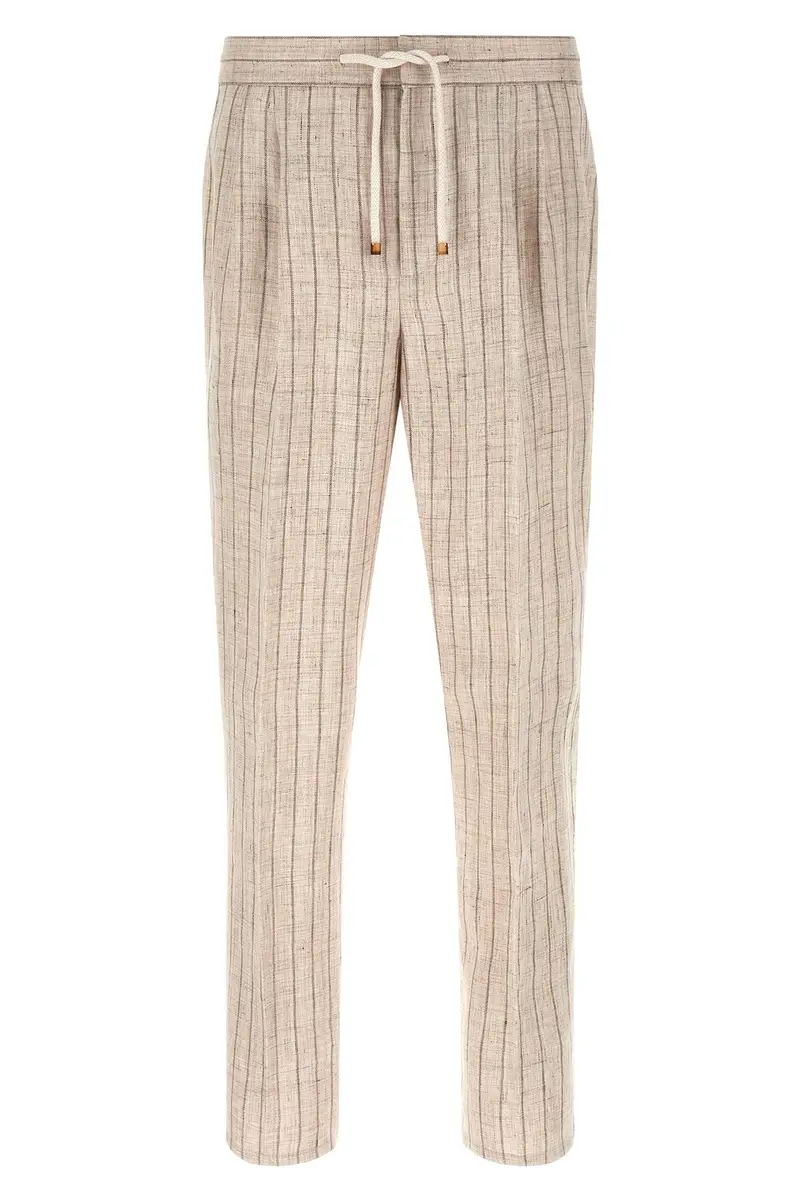 Pantalone Lino A Righe Beige