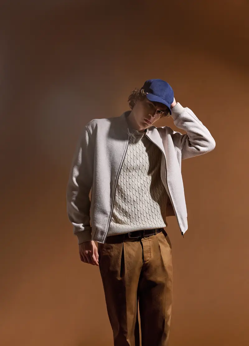 Bomber In Misto Lana Beige Regular Fit Con Zip, Uomo, Beige