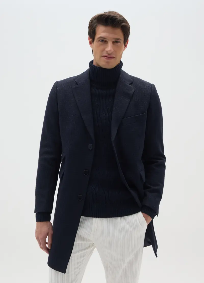 Cappotto Lungo Blu A Quadri Regular Fit In Pied De Poule, Uomo, Blu miniatura 2