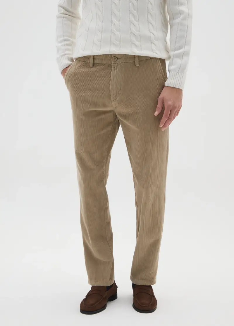 Pantaloni Chino Beige In Puro Cotone Regular Fit A Coste Strette, Uomo, Beige miniatura 2