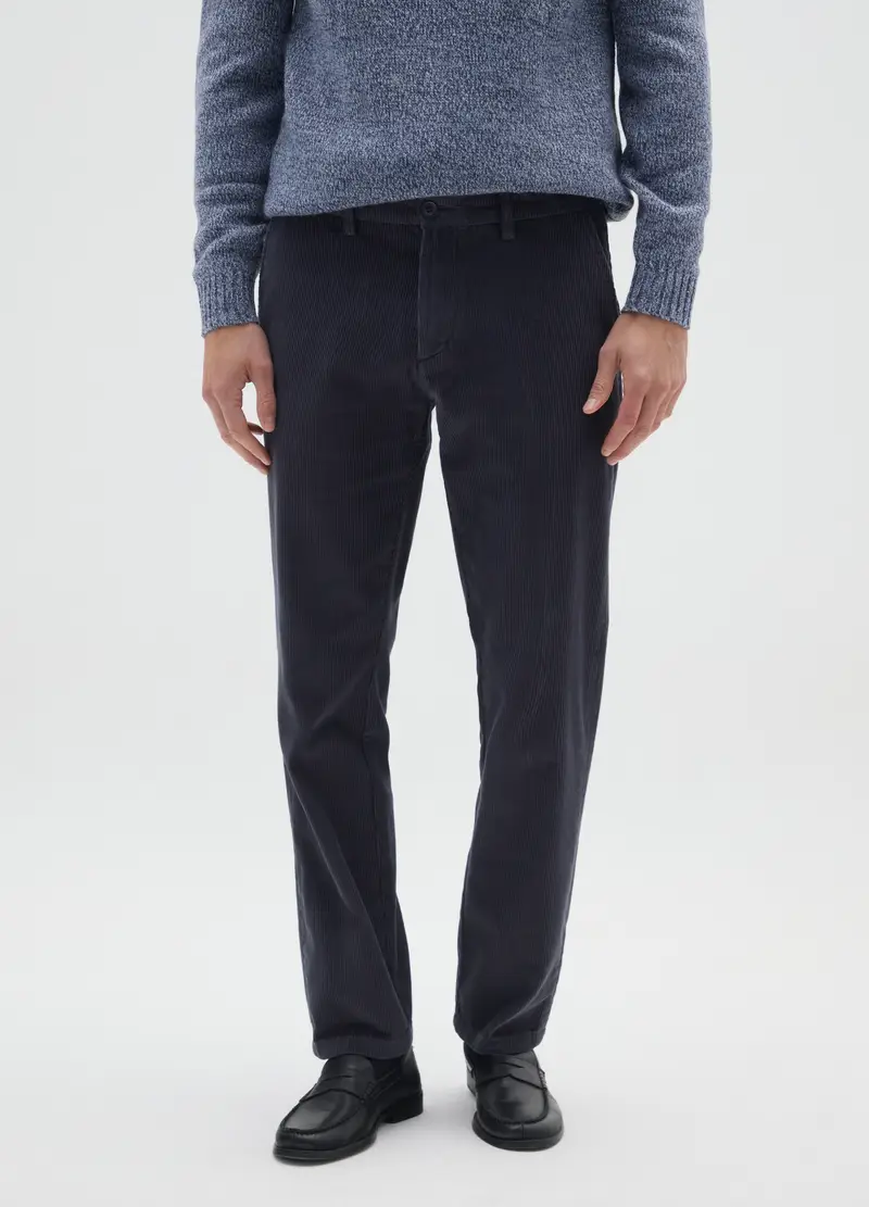 Pantaloni Chino Blu In Puro Cotone Regular Fit A Coste Strette, Uomo, Blu miniatura 2