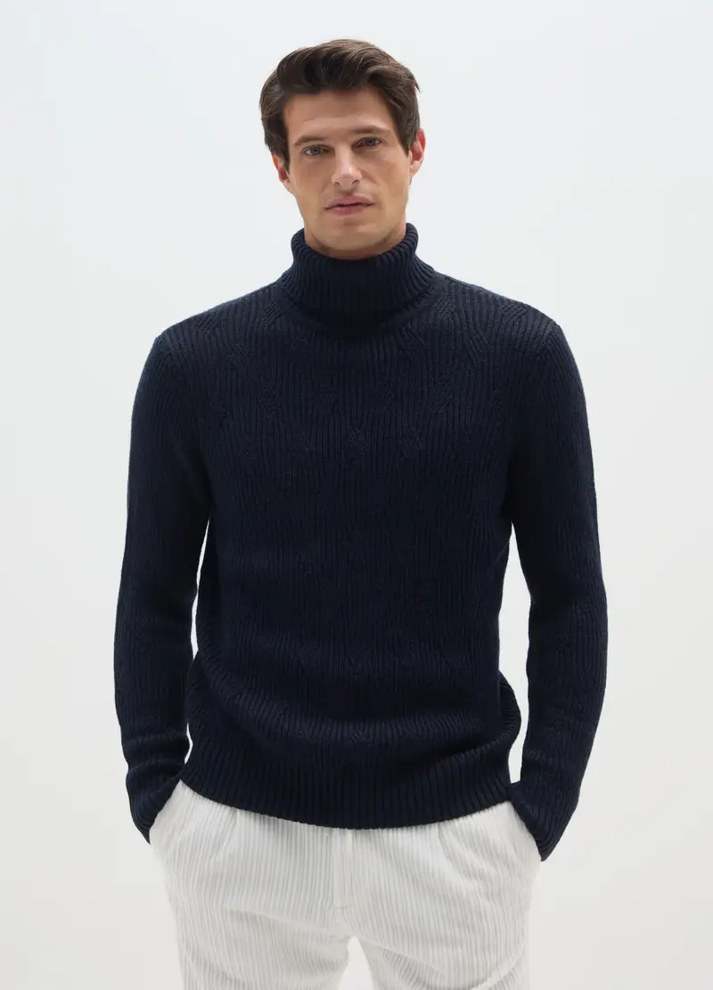 Pullover Blu A Collo Alto Regular Fit Con Motivo Jacquard, Uomo, Blu